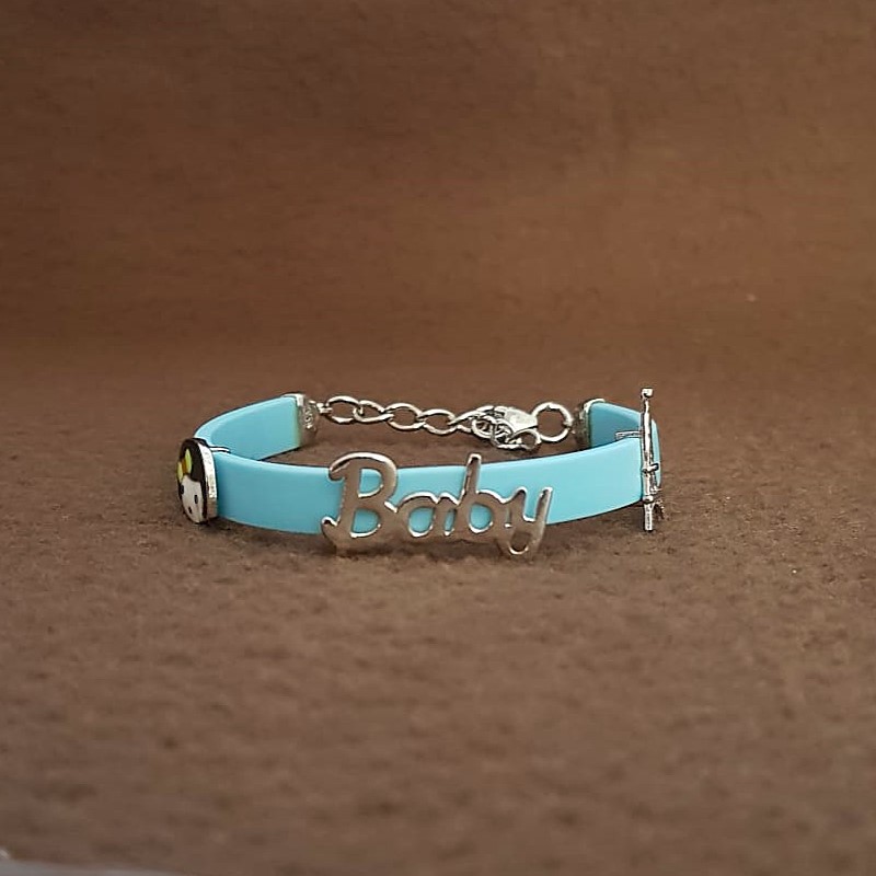 Aqua Blue Baby Script Kids Silver Rakhi